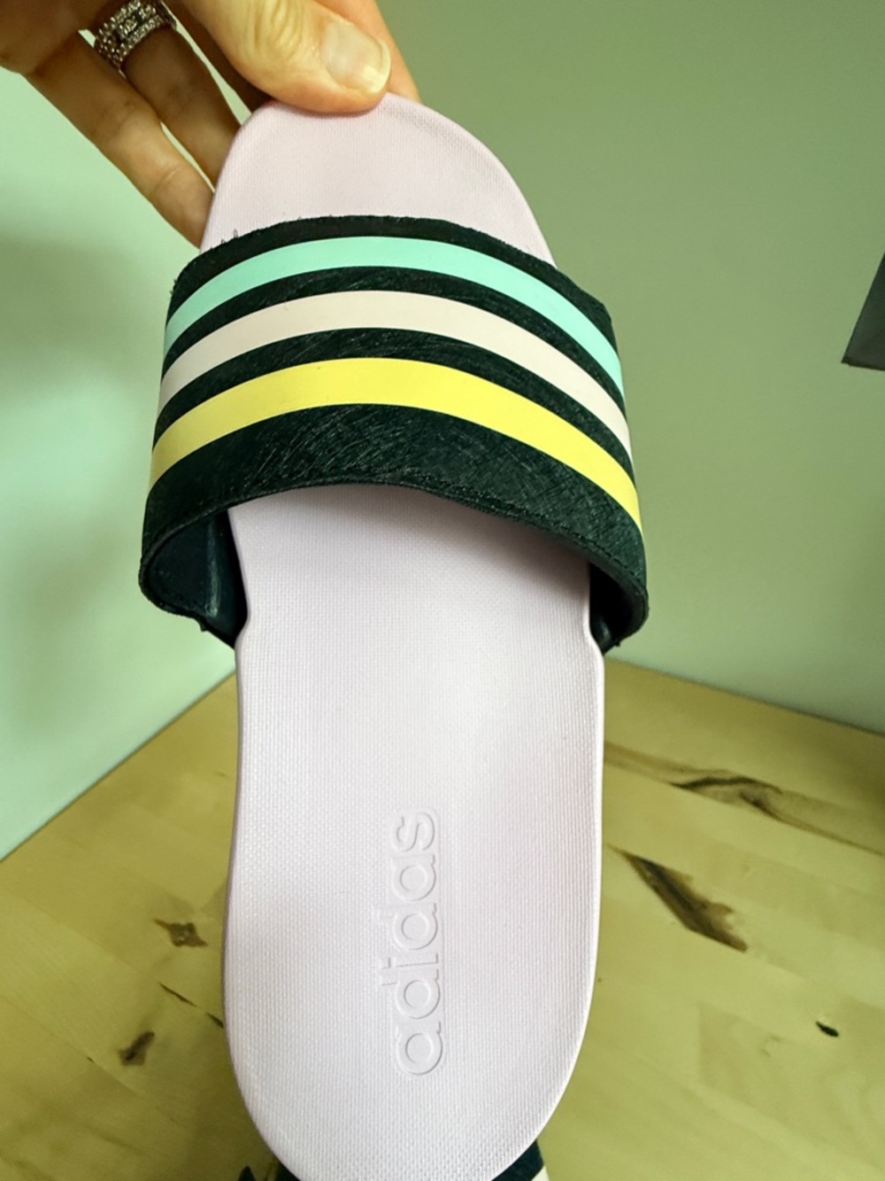 Adidas Adilette Comfort Slide - Pastel Pink with Multicolor Stripes - Picture 2 of 4